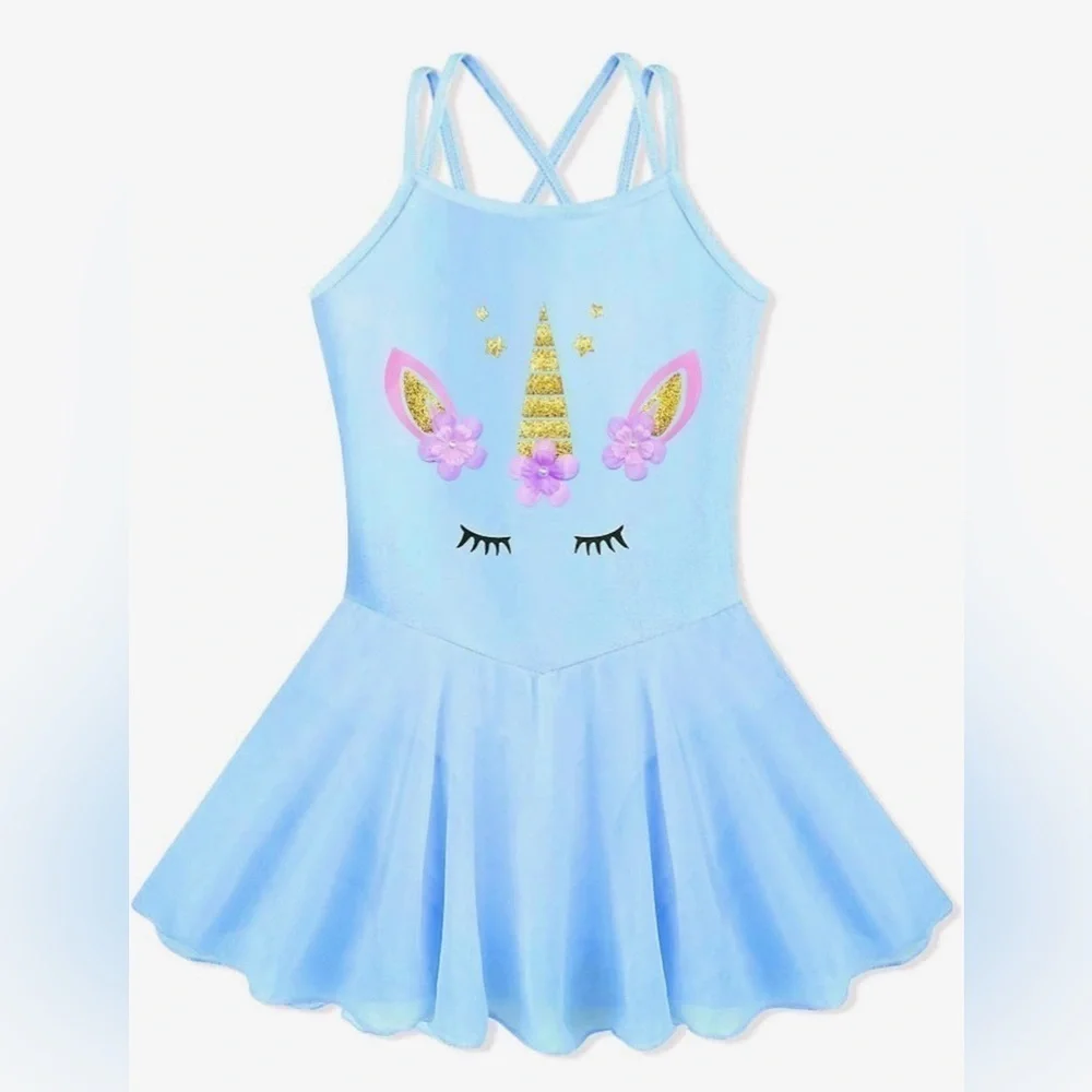 Girl’s Blue Unicorn Ballet Dance Gym Tutu Skirted Leotard Size XXL